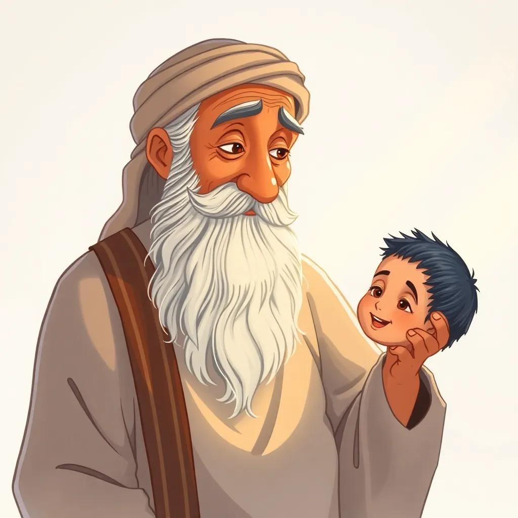 A wise old Arab man, Ahmed's grandfather, with a long gray beard and wearing a traditional thobe, gently warning Ahmed about the hole, soft sunlight illuminating the scene, calm demeanor, gentle background, digital art, heartwarming, engaging scene