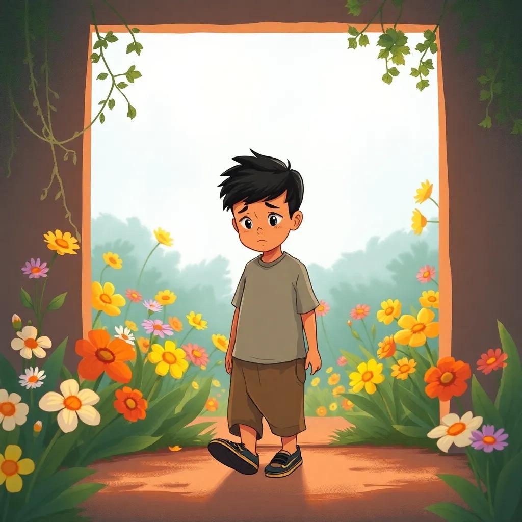 Ahmed, a young Arab boy with short black hair, feeling sad as he walks home from the garden, a backdrop of vibrant flowers fading away, illustration, emotional expression, soft colors, reflective atmosphere, storytelling view