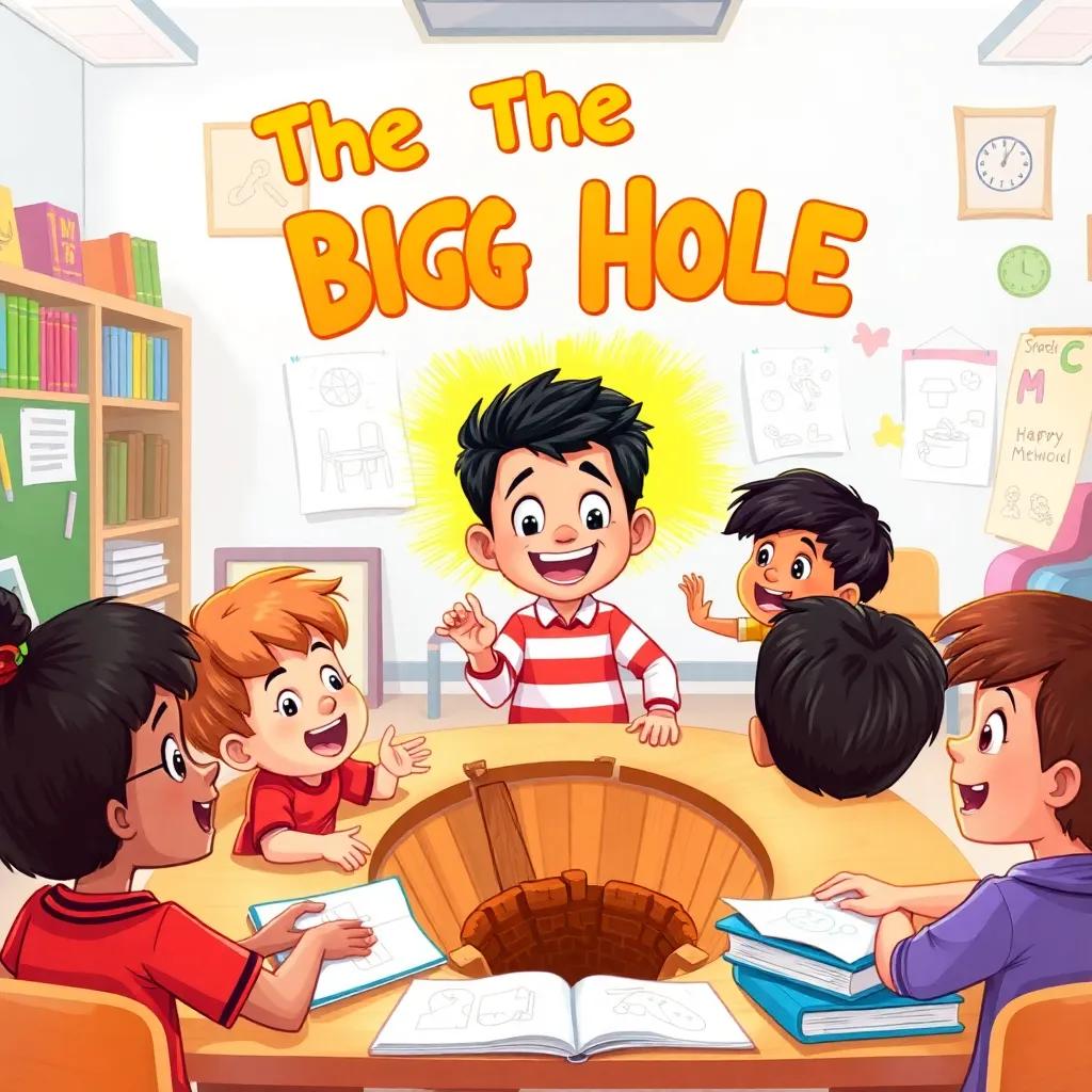 A classroom scene with young children, including Ahmed and his friends, animatedly discussing the big hole, colorful classroom, books and drawings around them, joyful expressions, digital art, cheerful colors, lively atmosphere