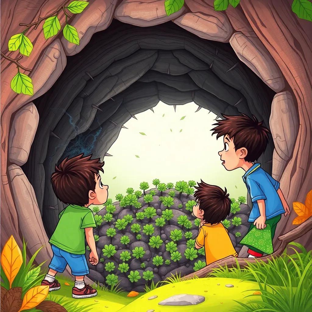 A group of kids, including Ahmed, looking at a big thorny hole filled with small bushes, showing concern and curiosity, illustrated in a playful style, colorful nature surroundings, bright colors, adventurous theme