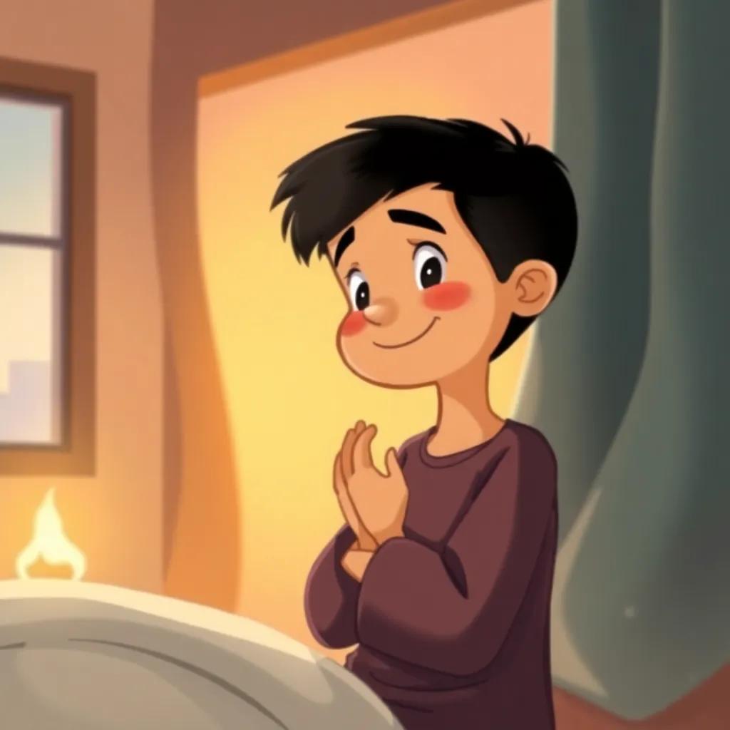 A scene of Ahmed, a young Arab boy with short black hair, thanking God in his room with a smile, soft lighting and a warm, cozy atmosphere, thoughtful expression, warm colors, harmonious setting