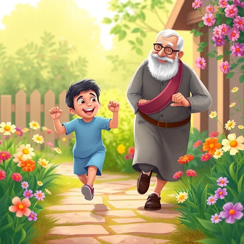 A happy Ahmed running to his grandfather in the garden, with flowers around, both smiling, warmth in their bond, glossy digital art, vibrant colors, heartwarming scene