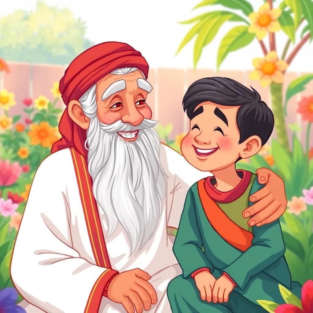 A wise old Arab man, Ahmed's grandfather, with a long gray beard, listening fondly to Ahmed, both sitting in a colorful garden, happy expressions, digital painting, bright colors, joyful atmosphere