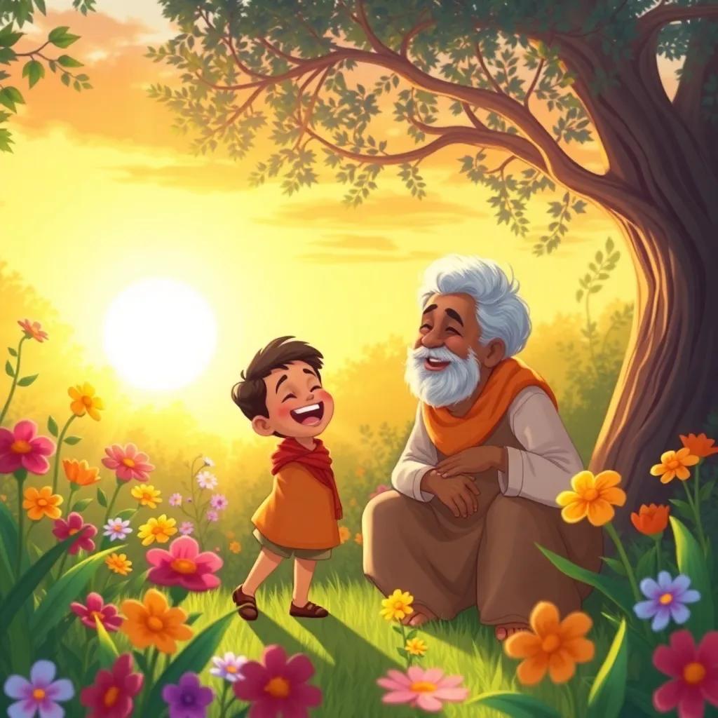 A whimsical garden scene with Ahmed and his grandfather playing, laughing joyfully with the sun setting behind them, colorful flowers around, magical light, high-quality digital art, uplifting imagery