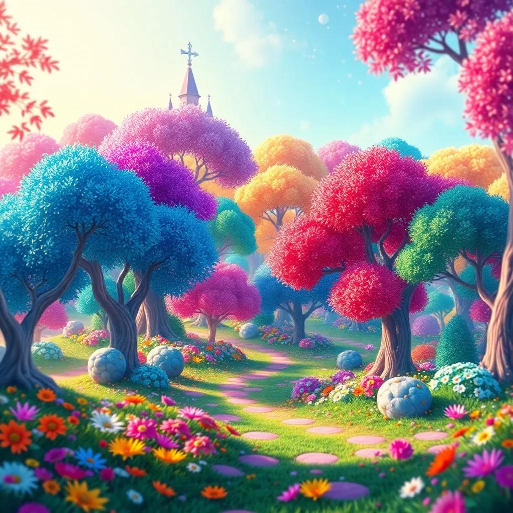 A magical kingdom full of vibrant colors, with trees sparkling in various shades, and a joyful atmosphere; digital art, bright and colorful, whimsical scenery, high quality