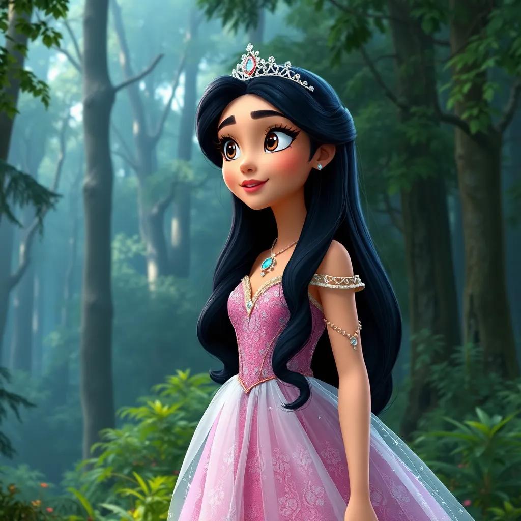 A beautiful princess named Leila, with long black hair and wearing a sparkling royal dress, standing at the edge of a dense forest, looking excited, digital art, bold colors, enchanting atmosphere, high quality