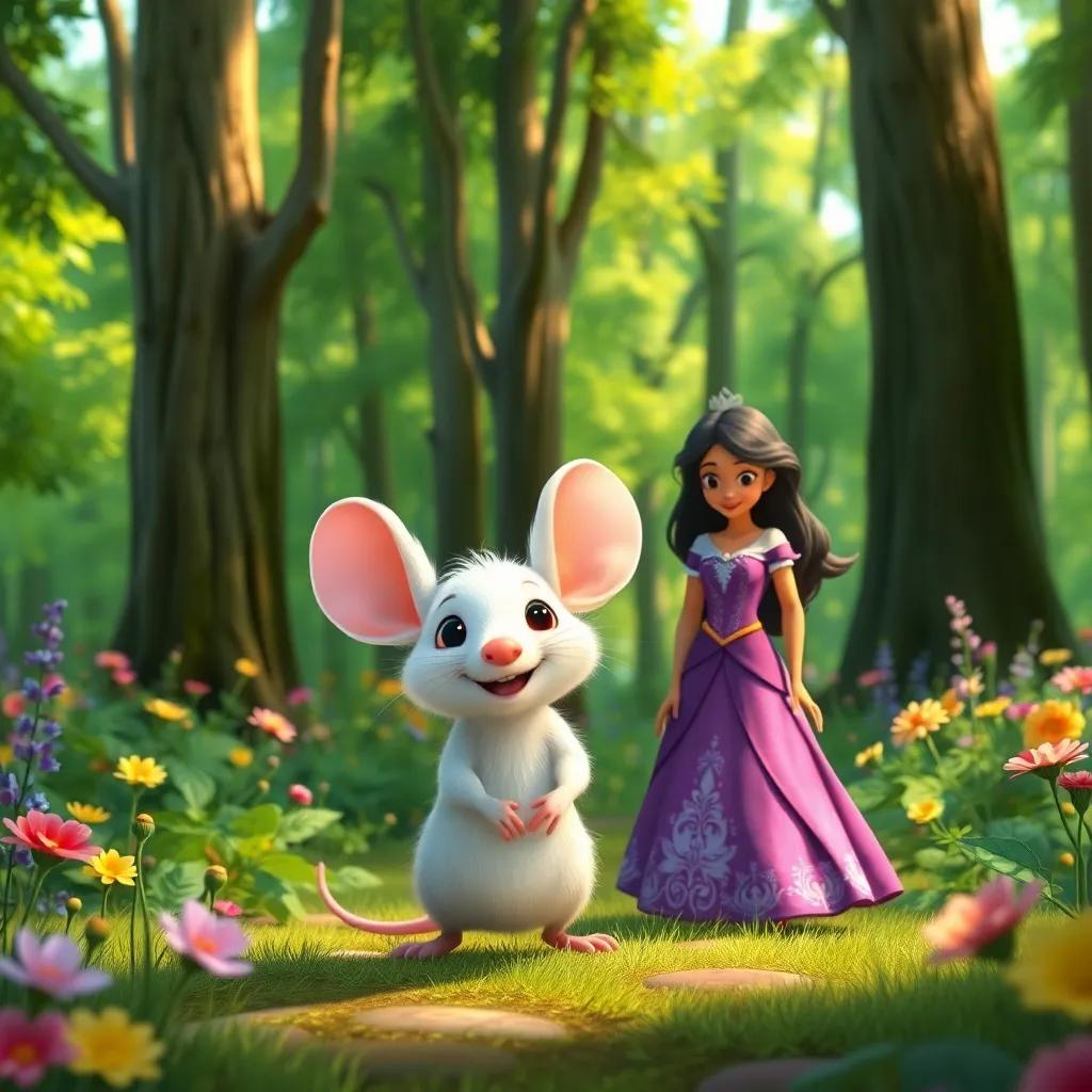 A small mouse with white fur and big ears, looking friendly and cheerful, standing beside Princess Leila in the vibrant green forest, surrounded by tall trees and colorful flowers, illustration, playful, adventurous, child-friendly