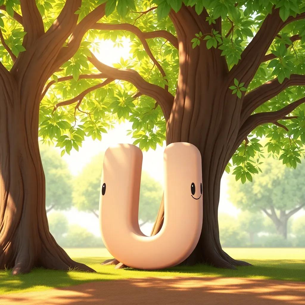 A smiling letter 'أ' with eyes and a big smile, hiding under a large tree with green leaves, cartoonish style, friendly appearance, sunny day
