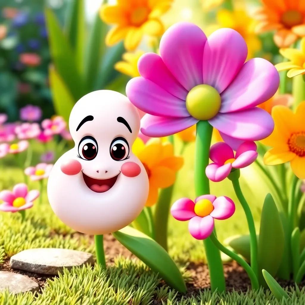 A friendly letter 'ب' with a playful face, sitting next to a colorful flower in a lush garden, bright colors, child-friendly