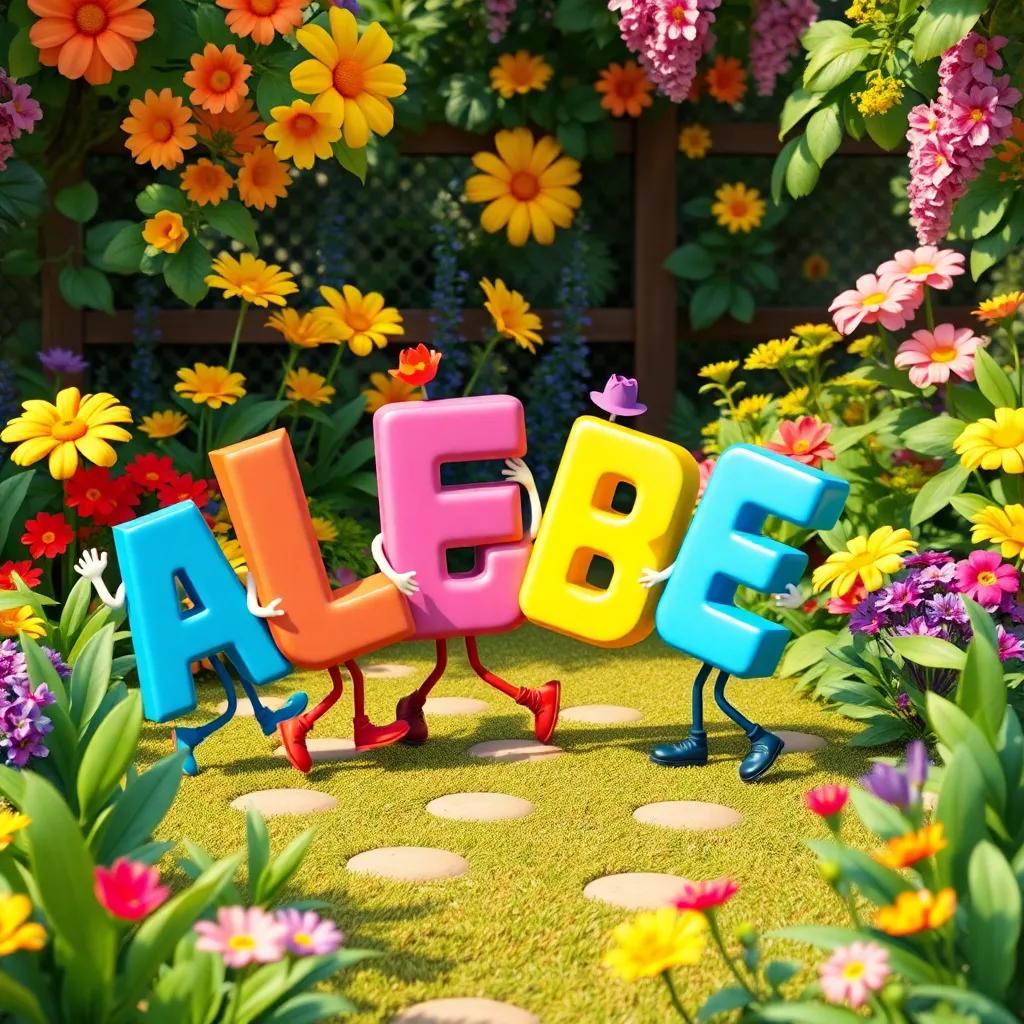 A group of happy letters characters dancing together in a beautiful garden, surrounded by colorful plants and flowers, joyous mood, vivid colors, kids' story illustration