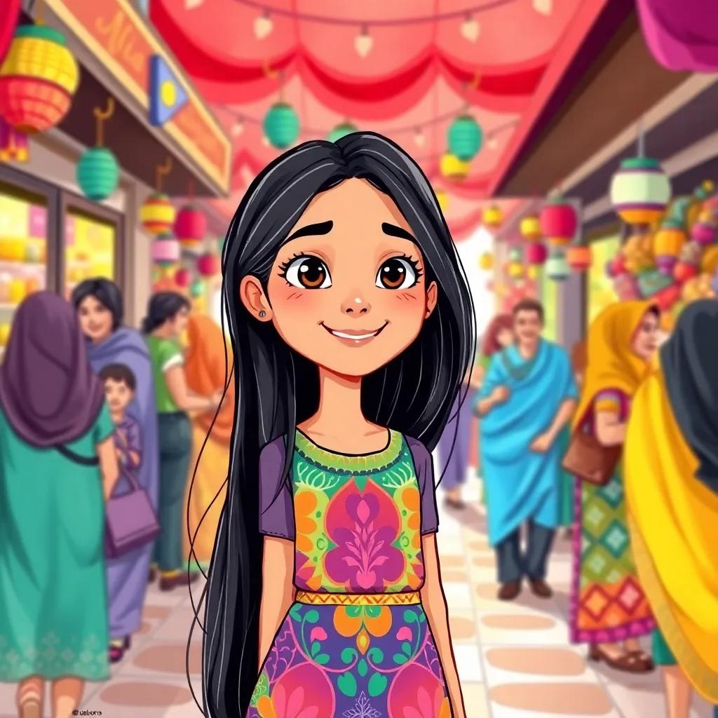 A young Arab girl, Nida, with long black hair, wearing a colorful dress, at a bustling marketplace filled with vibrant stalls and happy people, bright colors, cheerful atmosphere, high quality