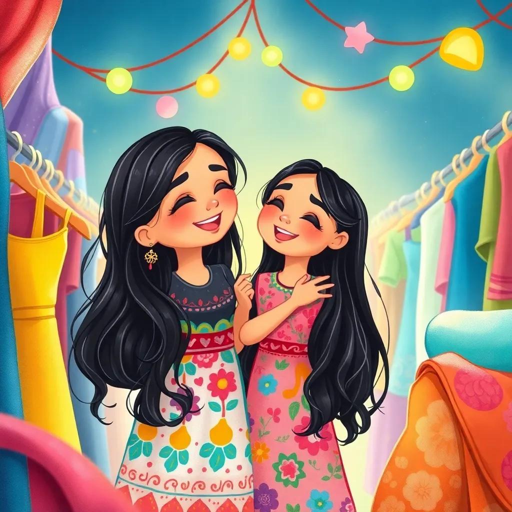 Nida, a young Arab girl, with long black hair, wearing a colorful dress, joyfully picking out clothes with her mother, surrounded by colorful fabrics and bright lights, heartwarming scene, joyful vibes, high quality