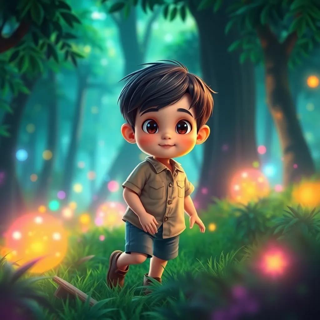 A small boy named Faris with short dark hair, wearing a simple shirt and shorts, playing in a lush green forest, with curious expression, colorful trees and magical glows around, digital art, bright colors, enchanting atmosphere, high quality