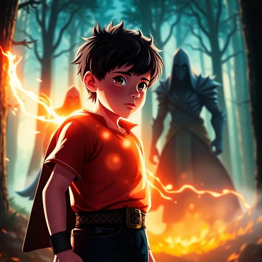 Faris, a small boy with short dark hair, standing tall with glowing power around him, facing shadowy figures in the forest, showing confidence and determination, dramatic lighting, contrasted colors, storybook scene, vibrant