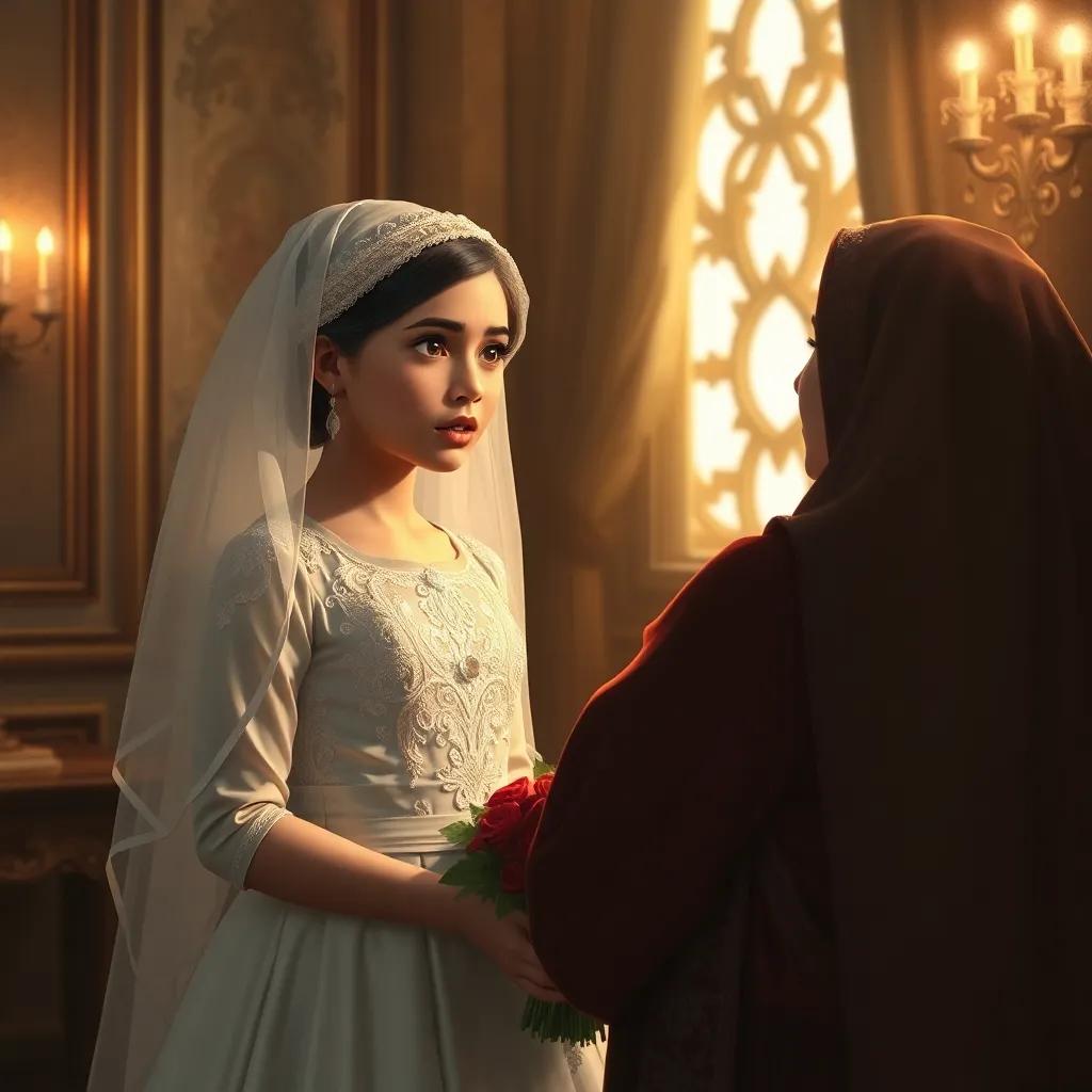 A young Arab girl, Sarah, wearing a beautiful white wedding dress, looking shocked while her friend Leila shares a secret, warm lighting, detailed digital art, high-quality, emotional atmosphere