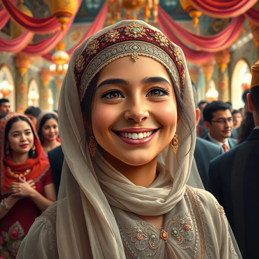 A young Arab girl, Sarah, smiling confidently at her wedding with guests around, colorful decorations, lively atmosphere, detailed digital art, high-quality, unique perspective