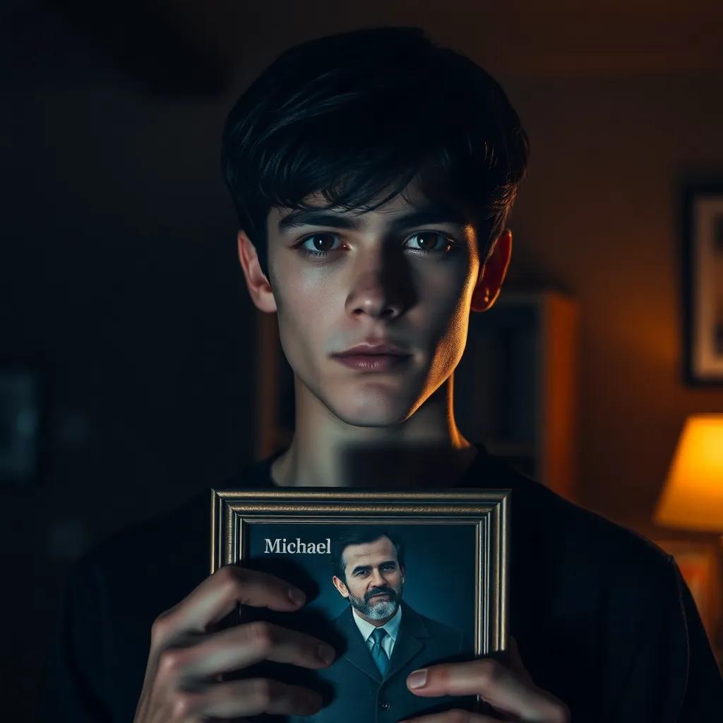 A young man named Michael, with black hair and brown eyes, looking determined while holding a picture of his father, in a room filled with shadows, emotional atmosphere, digital art, dramatic lighting, warm colors, focused perspective, high quality