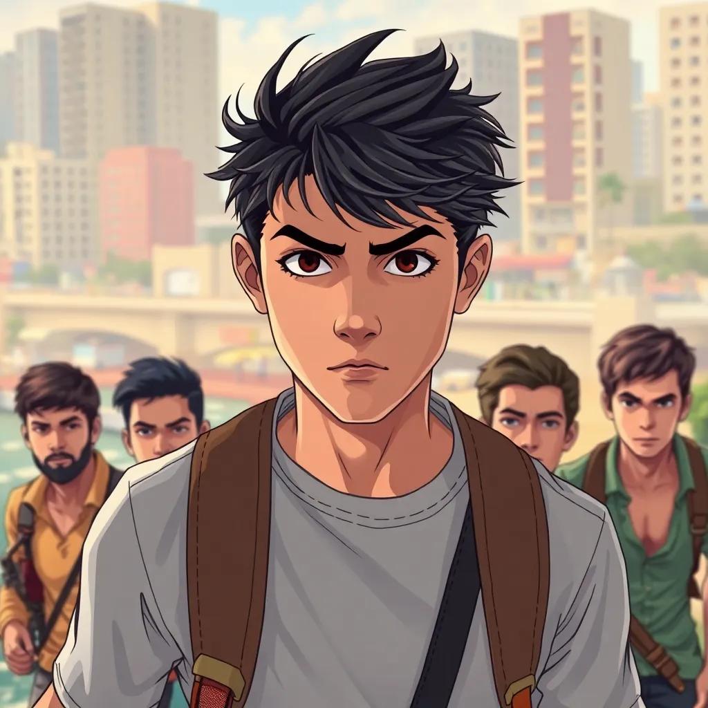 Michael, a young man with black hair and brown eyes, leading his four friends with determination near Tigris River, preparing for a plan, serious expressions, urban background, vibrant colors, action-packed scene, dynamic perspective, illustration, high quality