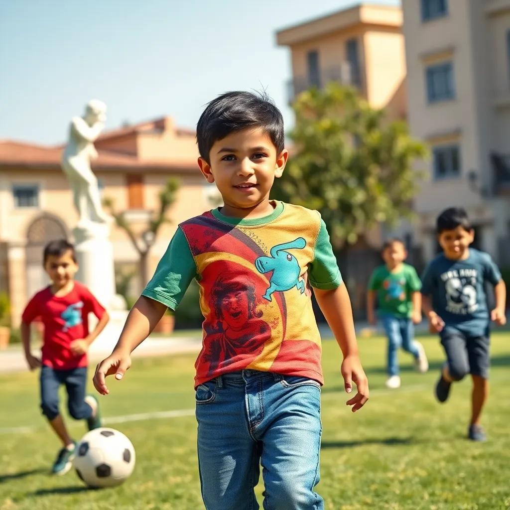 A young Middle Eastern boy, Sami, with short black hair, wearing a colorful t-shirt and jeans, playing soccer with friends in a sunny neighborhood, vibrant colors, cheerful atmosphere, child-friendly, high quality