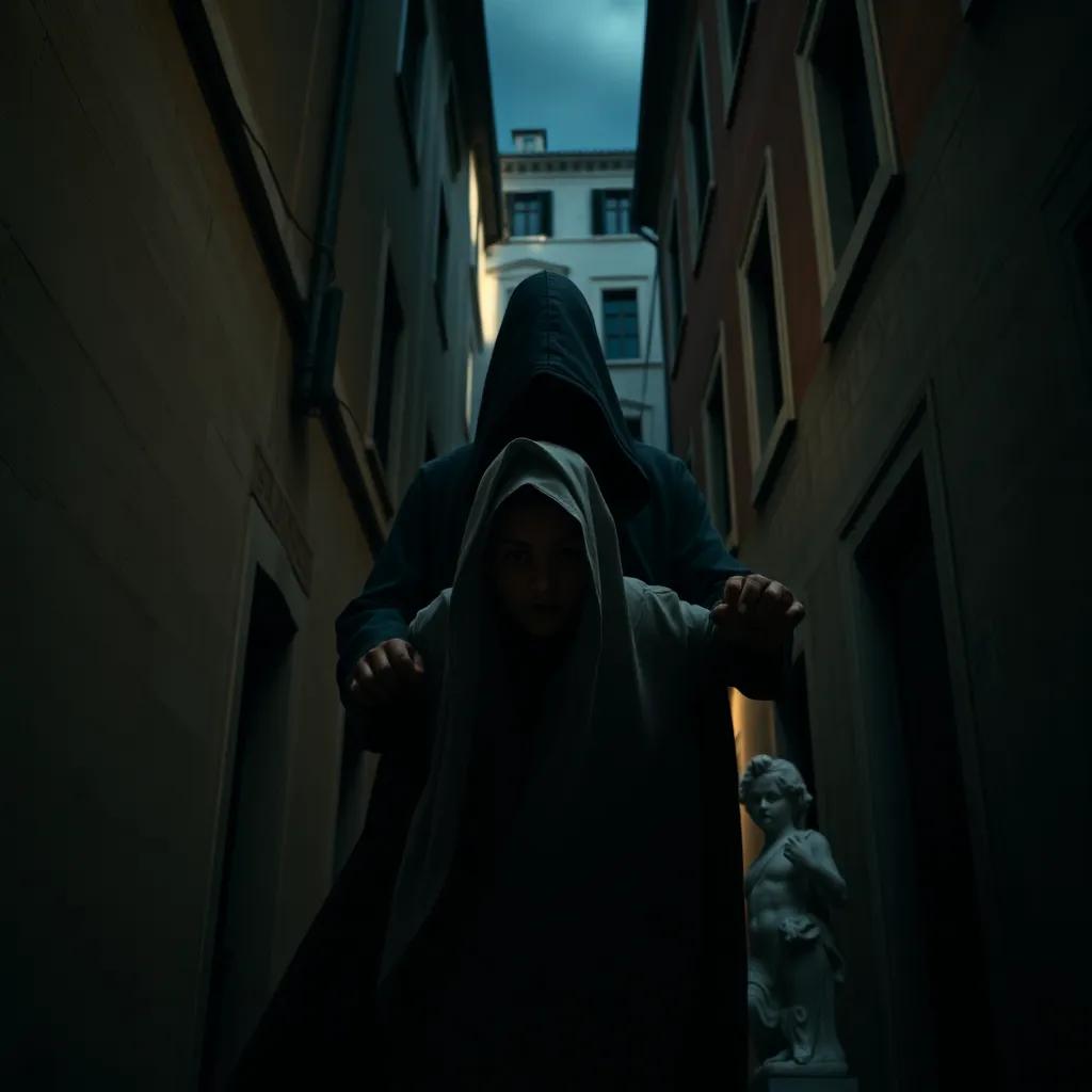 A mysterious figure pulling Sami away into a dark alley, the atmosphere tense and suspenseful, with buildings looming over, shadows, dramatic lighting, high quality