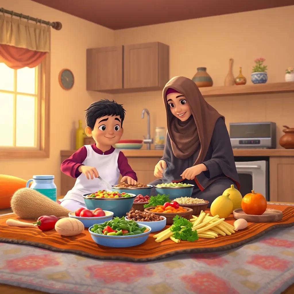 A cozy kitchen scene with Sami helping his mother prepare food for iftar, colorful ingredients on a big blanket, warm light, inviting feeling, high quality