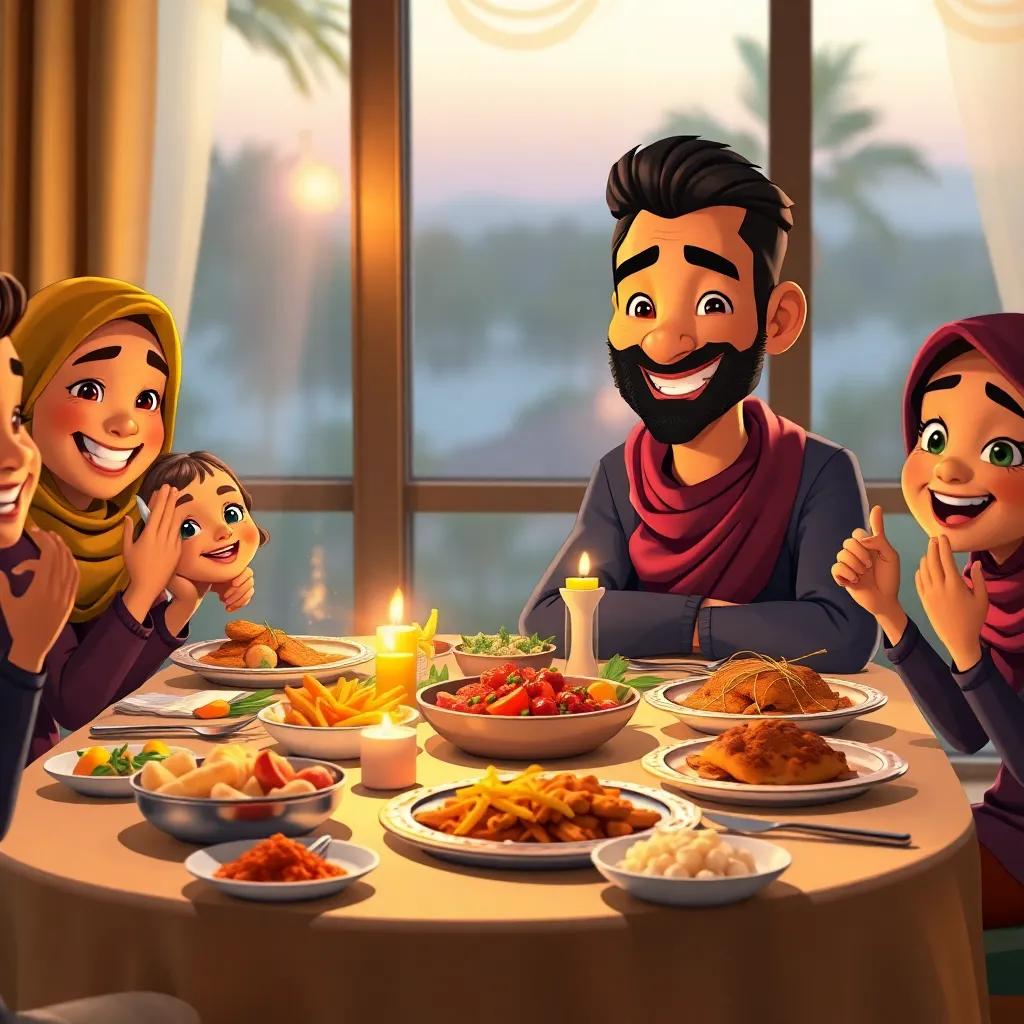 A joyful dinner table set for iftar with delicious dishes, Sami smiling proudly, warm evening light, family bonding scene, high quality