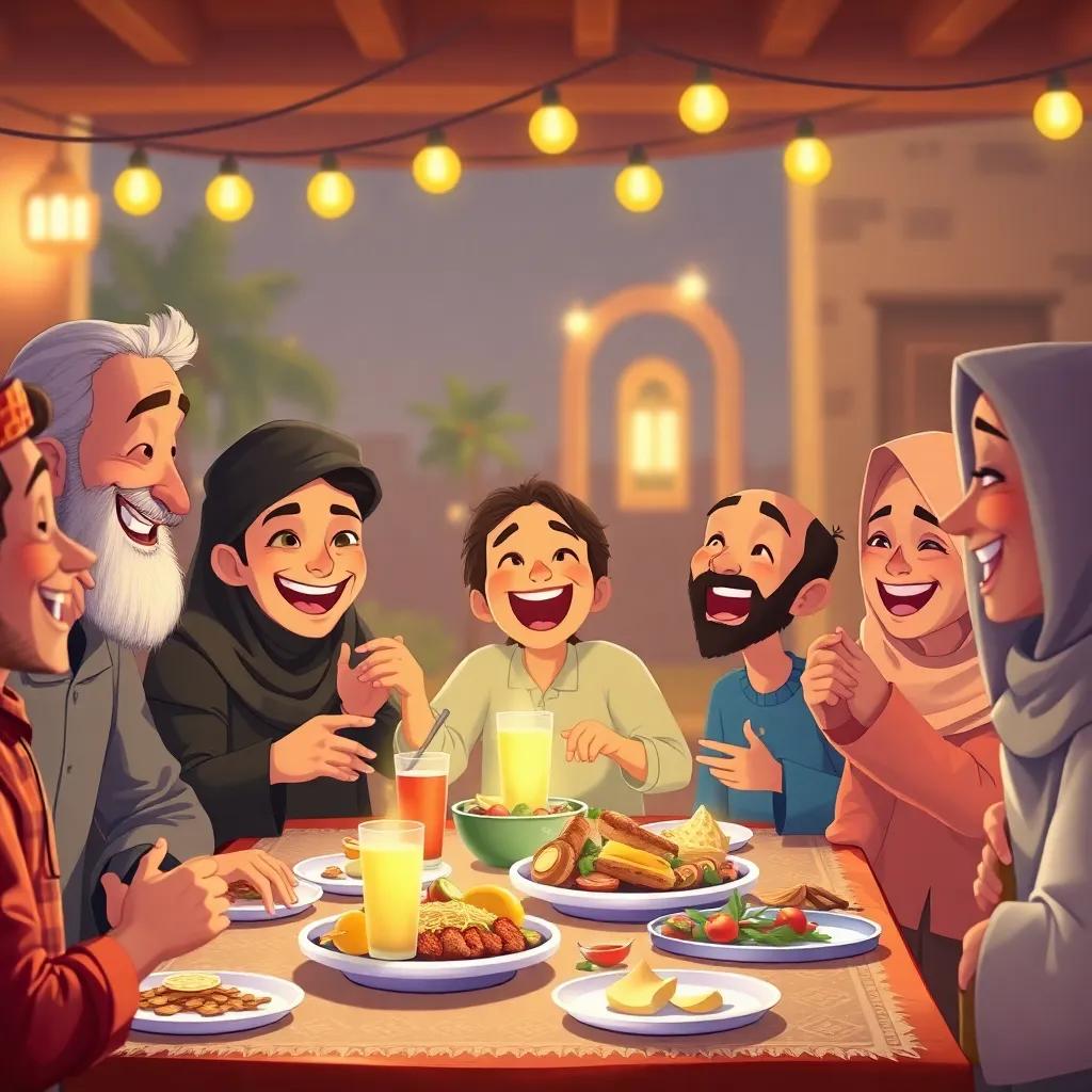 A joyful gathering of neighbors sharing iftar together, Sami excitedly enjoying the feast, warm and inviting atmosphere, high quality