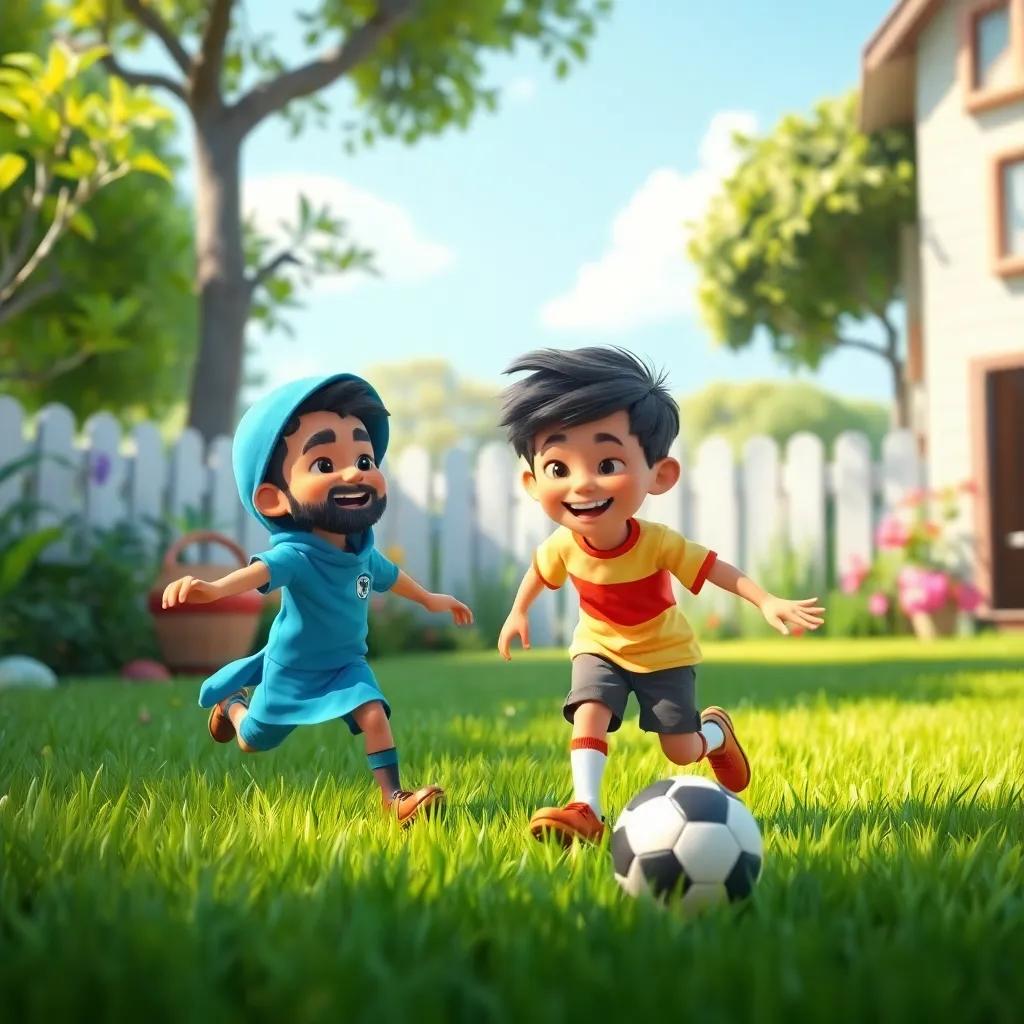 A fun garden scene with Sami and his friend playing soccer, vibrant green grass, laughter and excitement, high quality