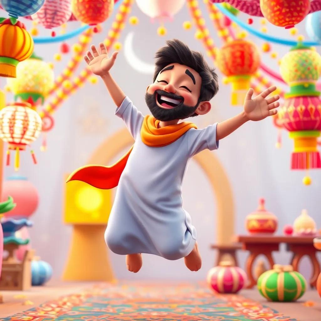 Sami jumping with joy, filled with happiness during Ramadan, colorful decorations around him, bright and cheerful colors, high quality