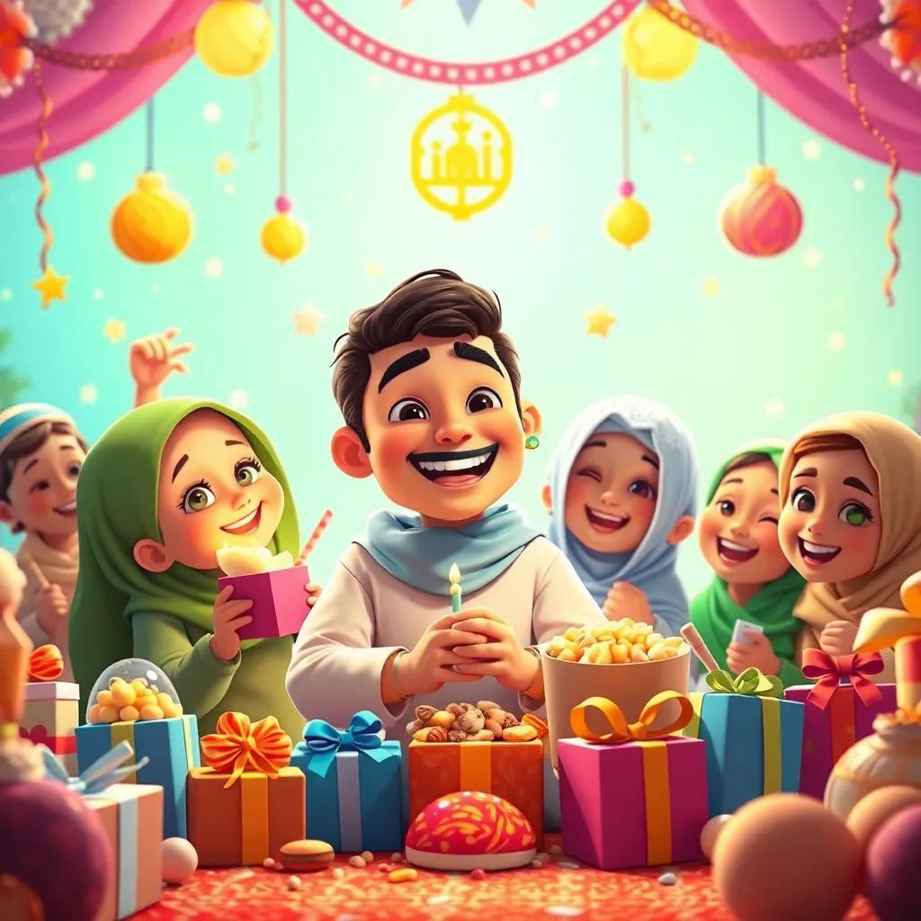 A festive scene celebrating Eid al-Fitr with Sami surrounded by sweets and gifts, joyful expressions, bright and colorful environment, high quality