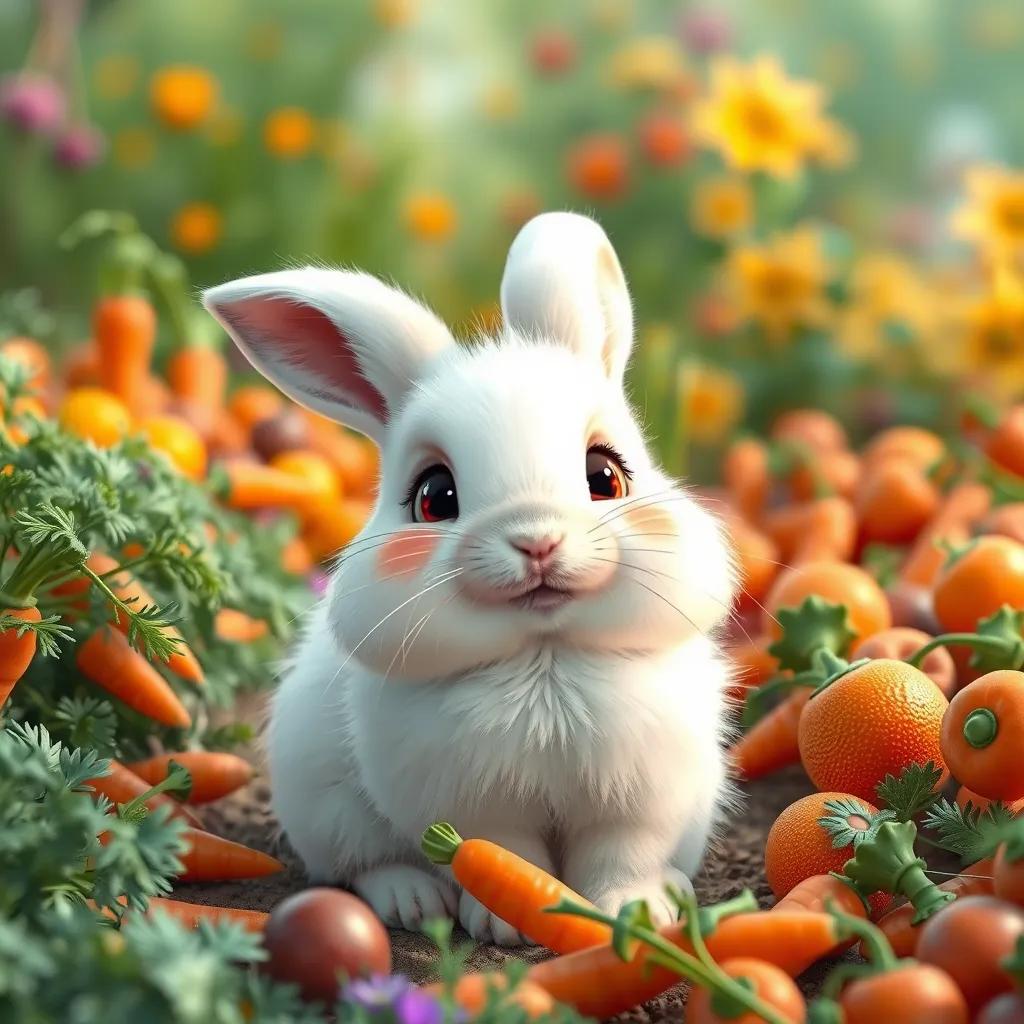 A small rabbit named Oshi, with fluffy white fur and big, curious eyes, sitting happily in a colorful garden full of carrots and fruits, digital art, bright colors, cheerful atmosphere, high quality