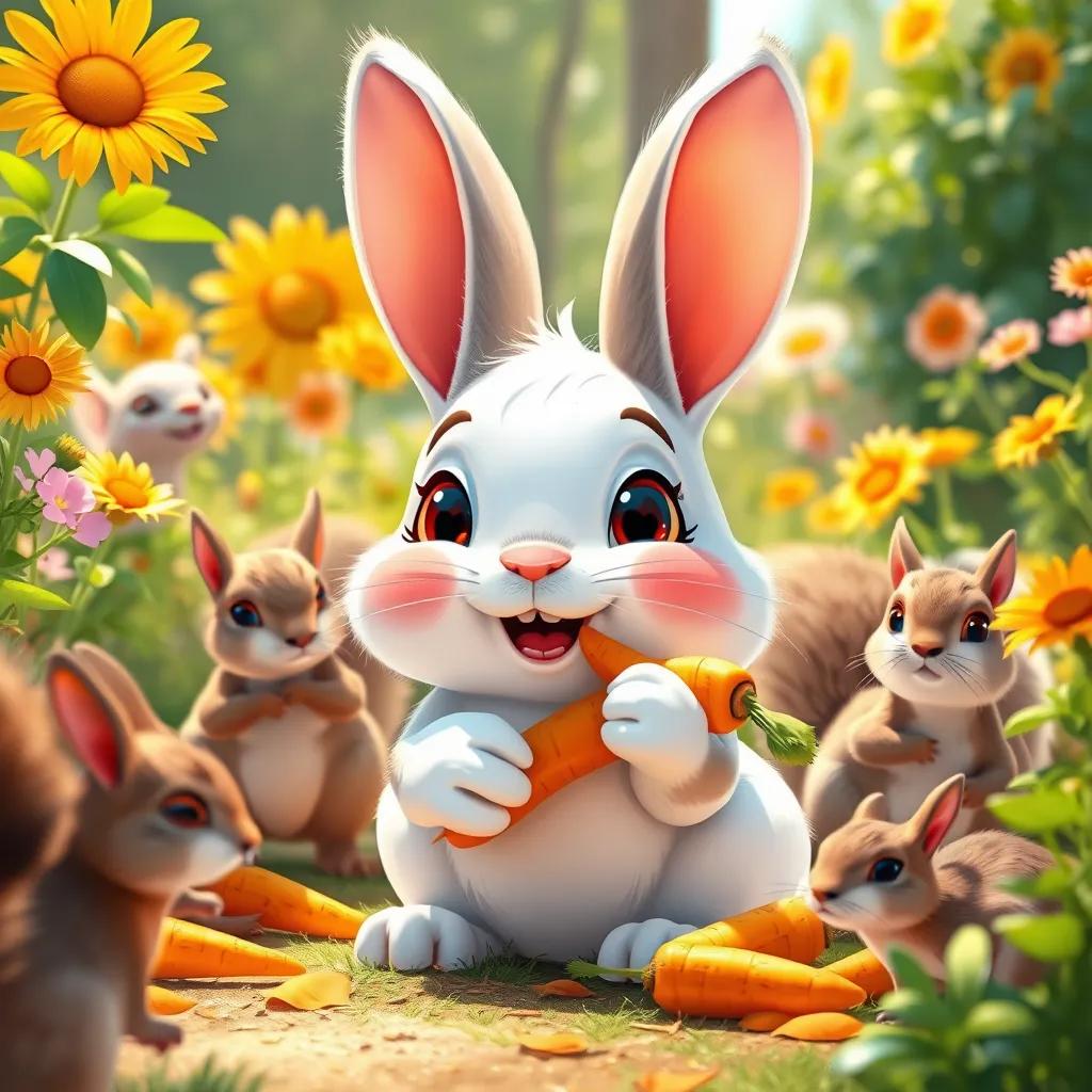 Oshi the rabbit happily nibbling on bright orange carrots in a sunny garden, surrounded by friends like squirrels, digital art, vibrant colors, playful mood, detailed