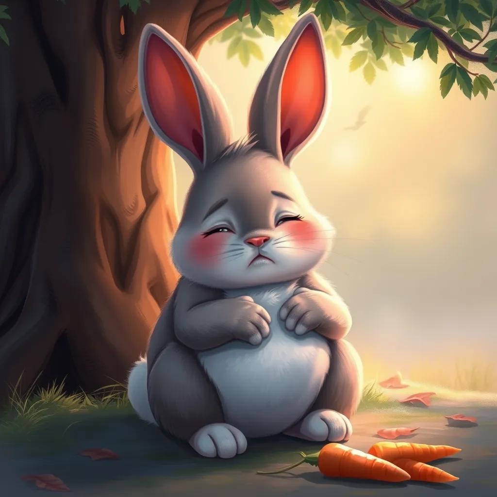 Oshi the rabbit looking a bit sad, sitting under a tree with his paws on his tummy, feeling discomfort after eating too many carrots, digital painting, soft colors, gentle light, emotional perspective, high quality