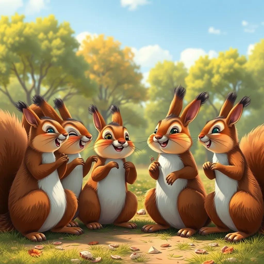 A group of playful squirrels talking to Oshi the rabbit, with trees and a clear sky in the background, sharing laughter and wisdom about eating in moderation, illustration, warm colors, friendly atmosphere, high quality
