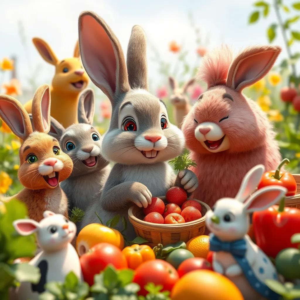 Oshi the rabbit happily sharing fresh fruits and vegetables with his friends in the garden, surrounded by joyful animals, bright colors, uplifting scene, high quality