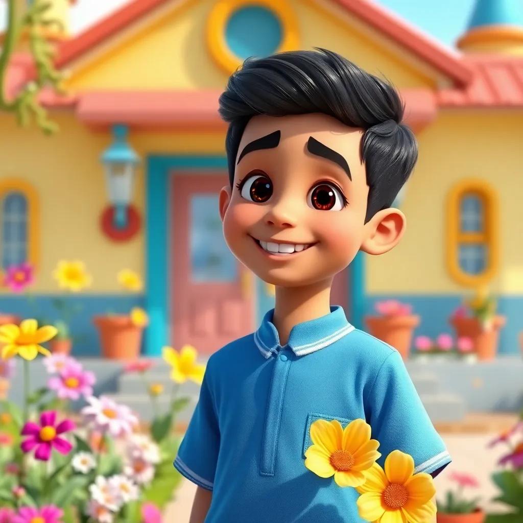 A young Arab boy, Sami, with short black hair, wearing a blue school uniform, standing in front of a colorful school with a big smile, vibrant flowers around, cheerful atmosphere, digital art, playful scene, bright colors, inviting feel, high quality