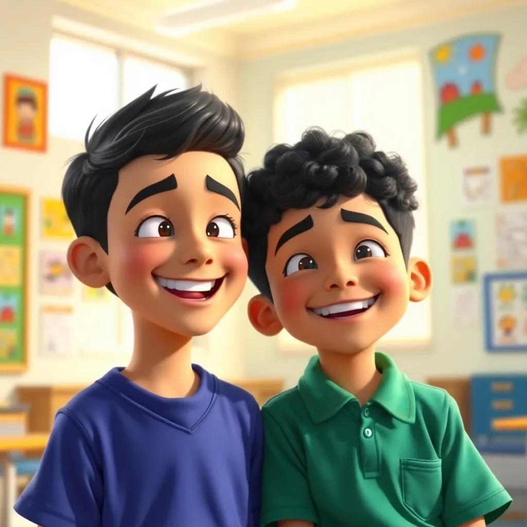 A young Arab boy, Sami, with short black hair, wearing a blue school uniform, laughing with a friend, Ali, who has curly black hair and a green shirt, inside a bright classroom filled with colorful posters and bright sunlight, friendly atmosphere, joyful, warm colors, heartwarming scene, high quality
