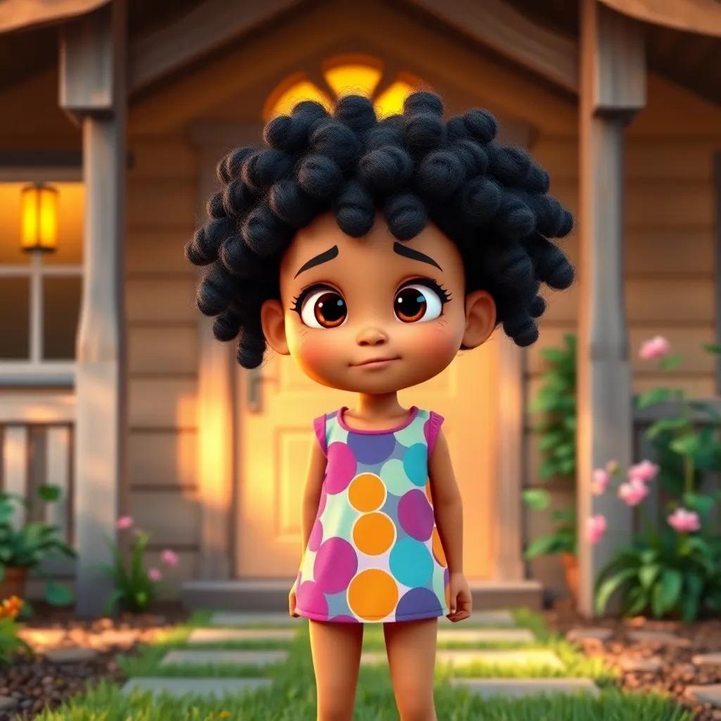 A young girl, Lily, with curly black hair, wearing a colorful dress, standing in front of her house looking nervous but excited, morning light, warm colors, cheerful atmosphere, high quality