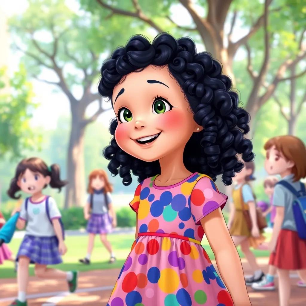 A young girl, Lily, with curly black hair, wearing the colorful dress, playing with other girls in the school playground, surrounded by trees and laughter, bright colors, joyful setting, high quality