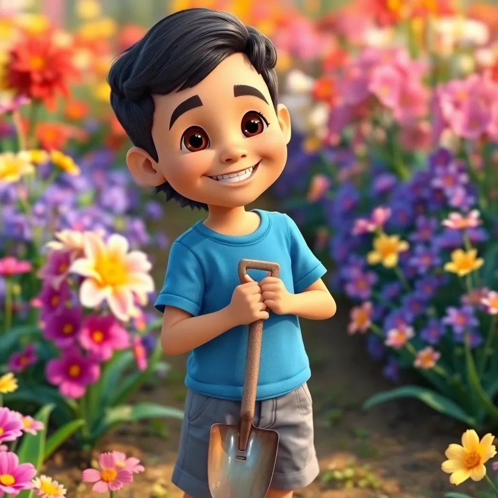 A young Arab boy, Iyad, with short black hair, wearing a blue t-shirt and gray shorts, smiling while holding a small shovel in a colorful garden with blooming flowers, digital art, bright colors, cheerful atmosphere, high quality