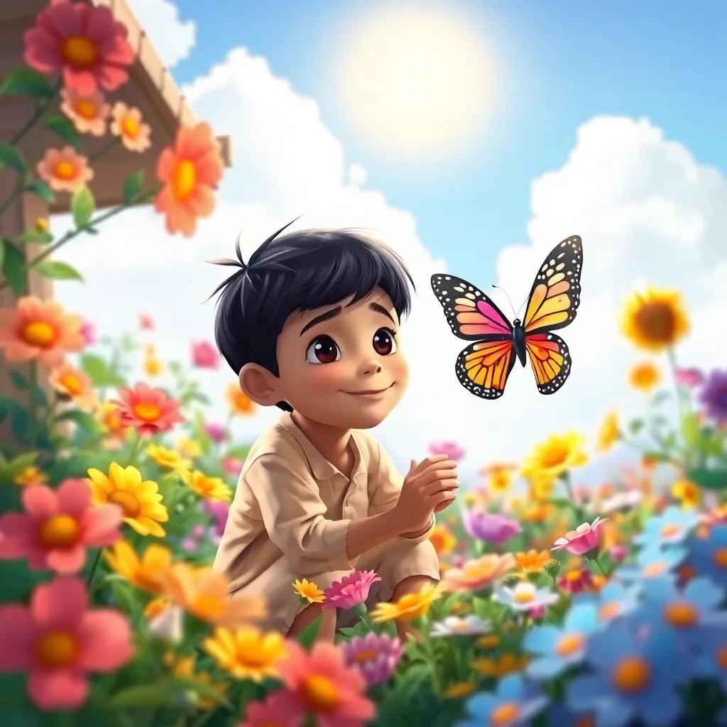Iyad, a young Arab boy with short black hair, kneeling in a vibrant garden full of flowers, admiring a beautiful butterfly with colorful wings under a sunny sky, illustration, lively, nature theme, child-friendly