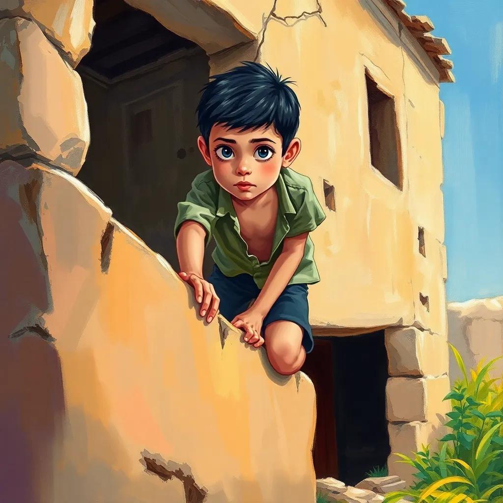 A young Iraqi boy, Eithan, with short dark hair, wearing a tattered shirt and shorts, climbing over a low wall to enter an old, abandoned house, sunlight shining, hopeful expression, detailed illustration, vibrant colors, adventurous atmosphere