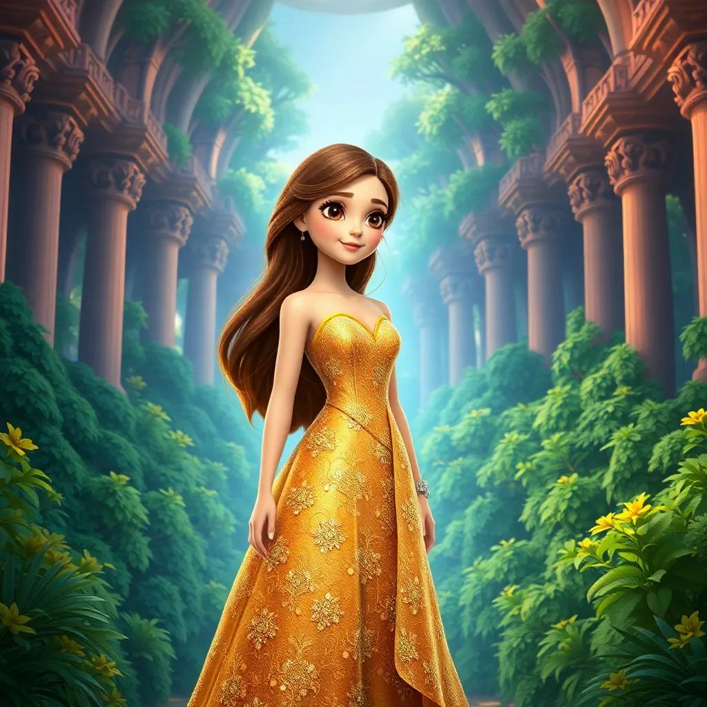 A beautiful girl, Eva, with long brown hair wearing a sparkling golden dress, standing in a grand palace surrounded by lush green forests, feeling adventurous, digital art, vibrant colors, magical atmosphere, high quality
