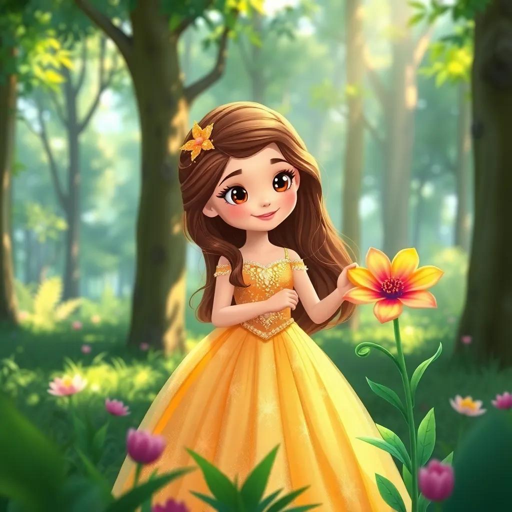 Eva, a beautiful girl with long brown hair in a sparkling golden dress, discovering a colorful rainbow flower in a bright green forest, with sunlight filtering through trees, illustration, whimsical, enchanting scenery, child-friendly