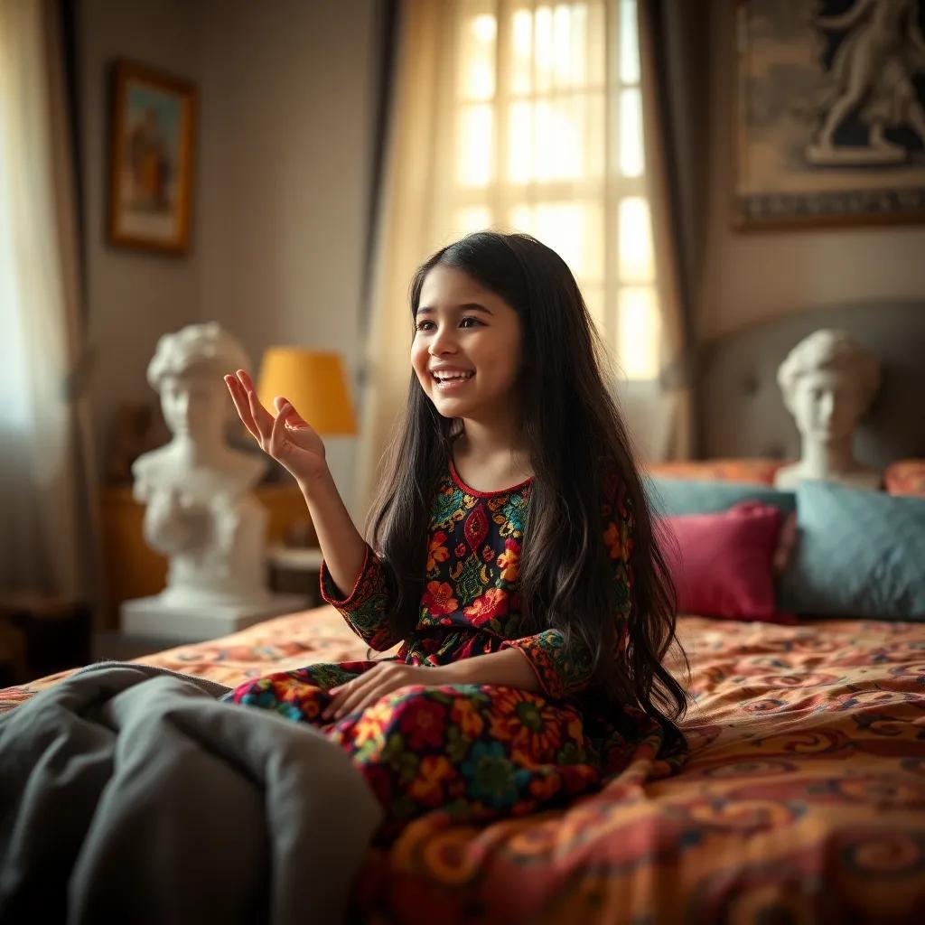 A young Arab girl, إيلاء, with long, dark hair wearing a colorful dress, sitting on her bed in a cozy bedroom, excitedly talking to her mother, warm lighting, cheerful atmosphere, high quality
