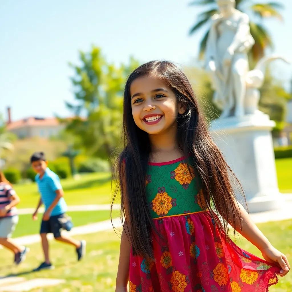 A young Arab girl, إيلاء, with long, dark hair wearing a colorful dress, playing in a sunny park with her friends, laughing and enjoying themselves, bright colors, joyful scene, child-friendly, high quality