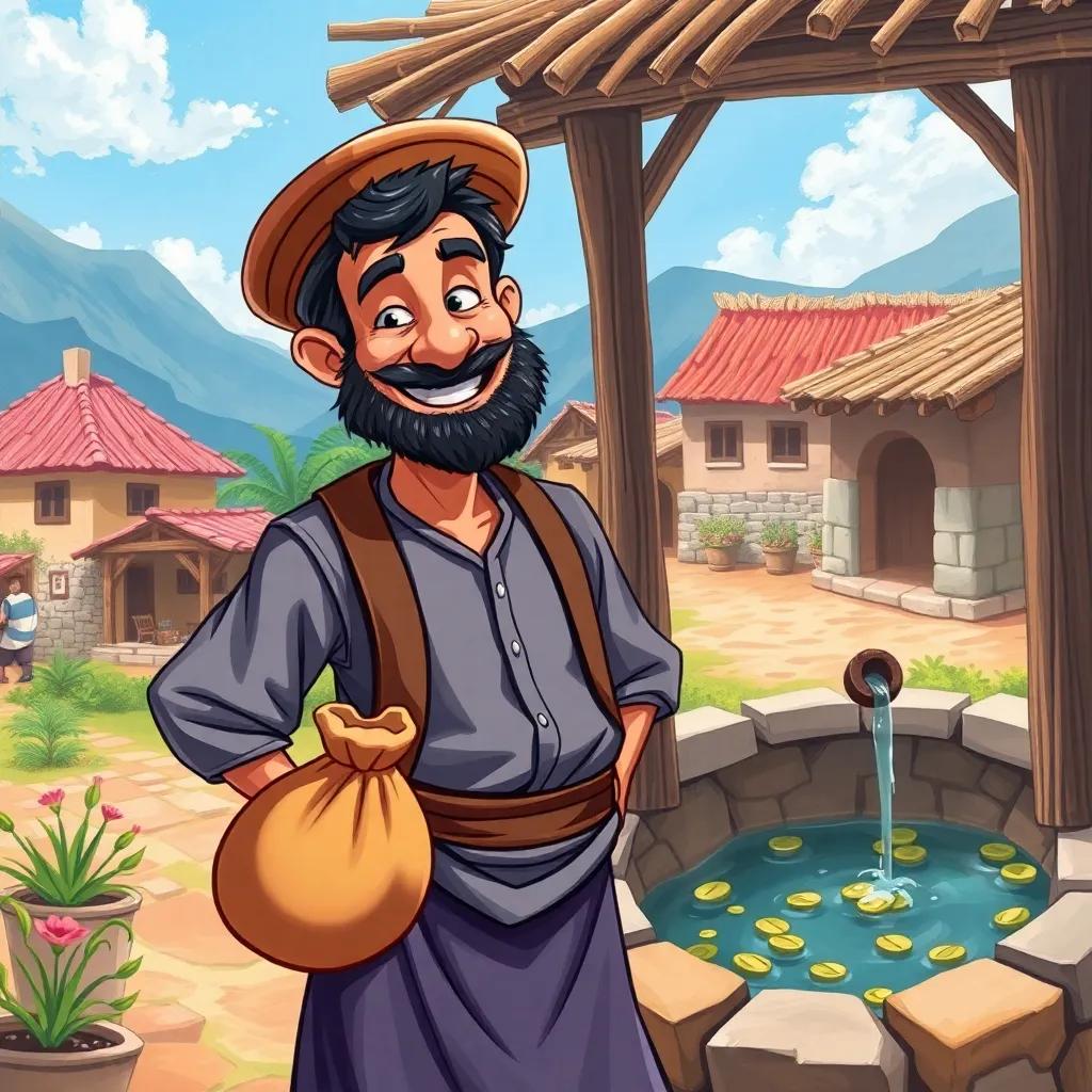 A mischievous farmer named Saleh, standing near a well with a smirk, holding a bag of coins, colorful village background, bright day, cheerful atmosphere, digital art, vibrant colors, high quality