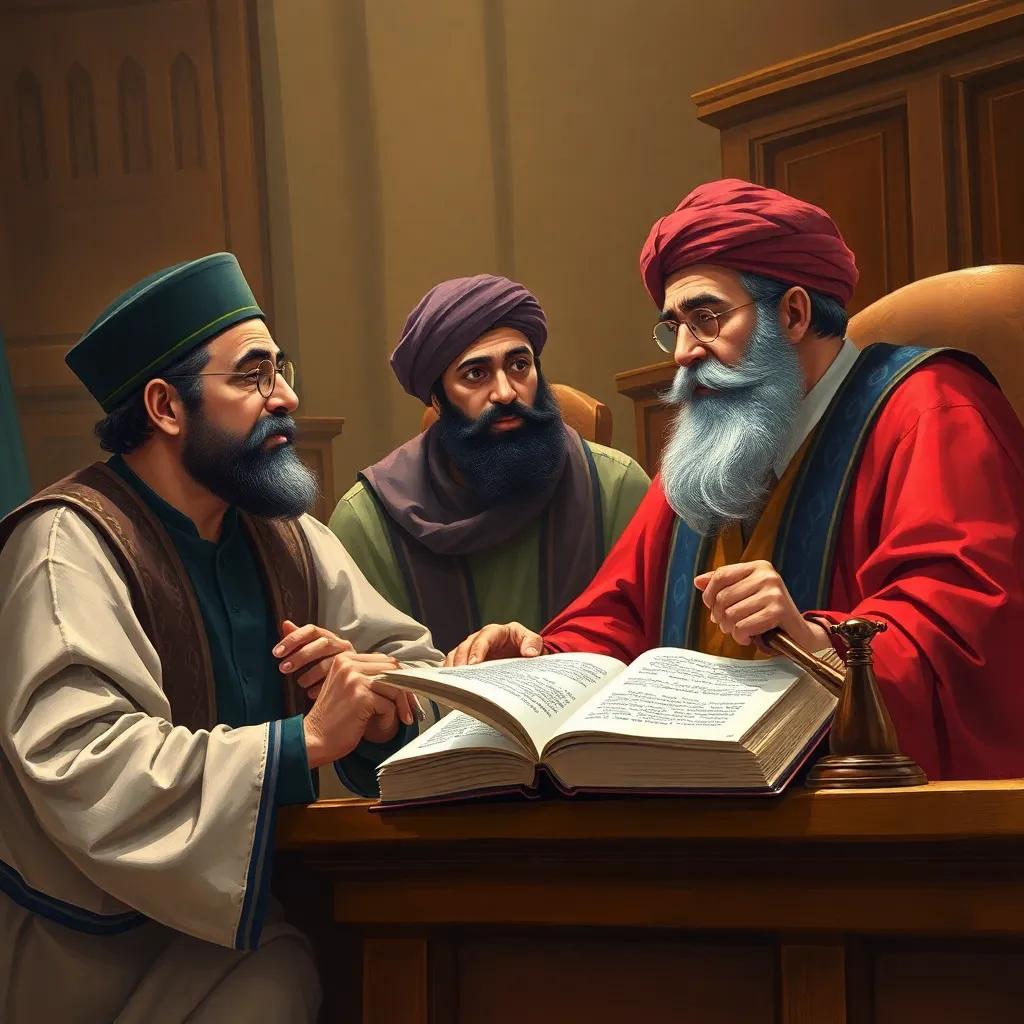 A judge in court, with an open book and a gavel, listening to Saleh and Saeed with curiosity, traditional clothing, warm light, engaging scene, illustration, inviting, high quality