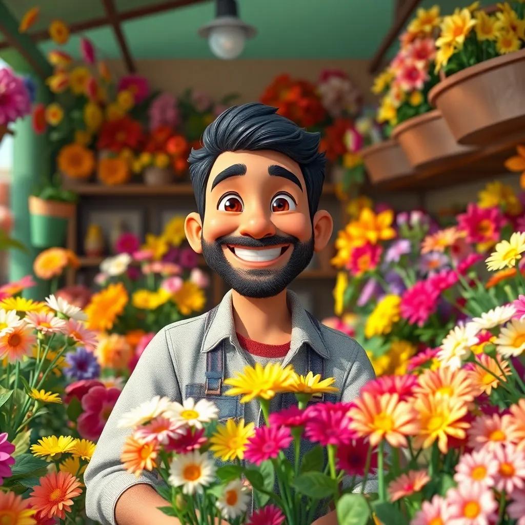 A cheerful flower seller, Sami, in his colorful flower shop filled with vibrant flowers, smiling broadly as he selects beautiful flowers to sell, digital art, bright colors, warm atmosphere, high quality