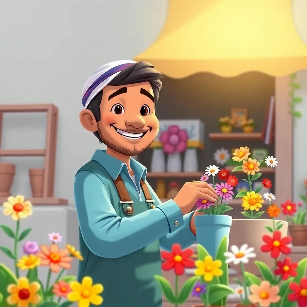 Sami, the flower seller, tending to his small garden behind the shop with a bright smile, nurturing colorful flowers that bloom vibrantly under the sun, illustration, cheerful, bright day, child-friendly